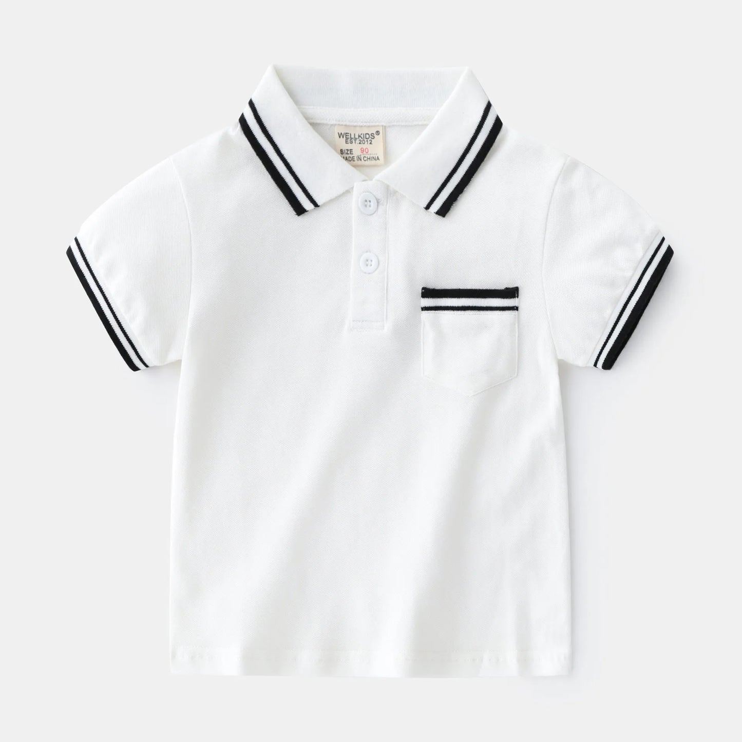 Boys' plain white cotton polo T-shirt with short sleeves and round neck on a hanger