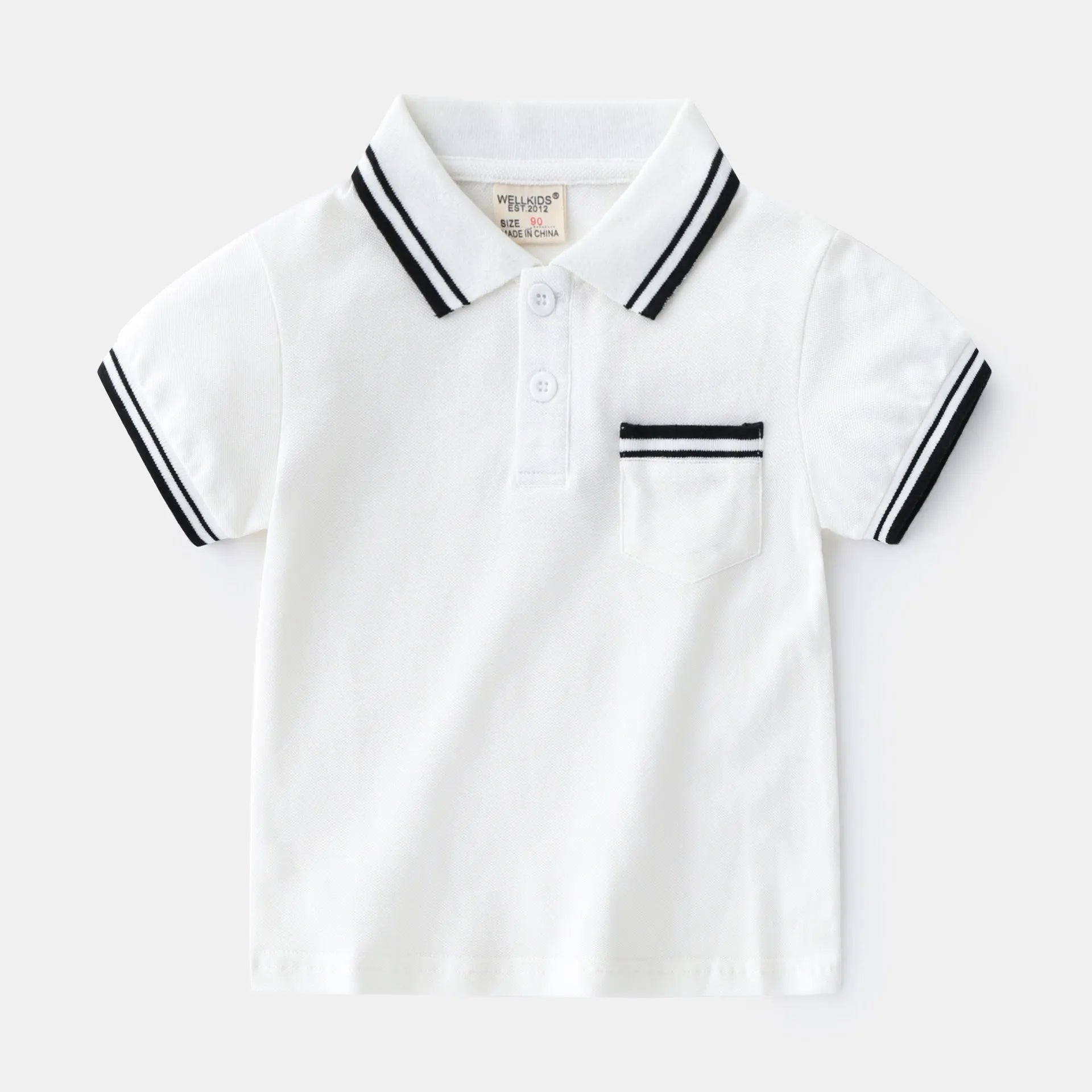 Boys' plain white cotton polo T-shirt with short sleeves and round neck on a hanger