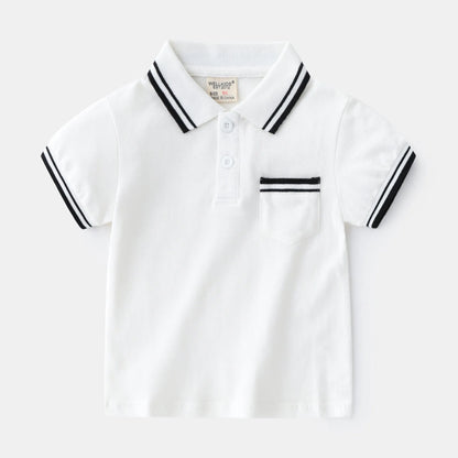 Boys' plain white cotton polo T-shirt with short sleeves and round neck on a hanger