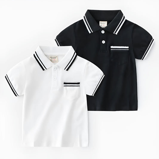 Boys' plain white cotton polo T-shirt with short sleeves and round neck on a hanger
