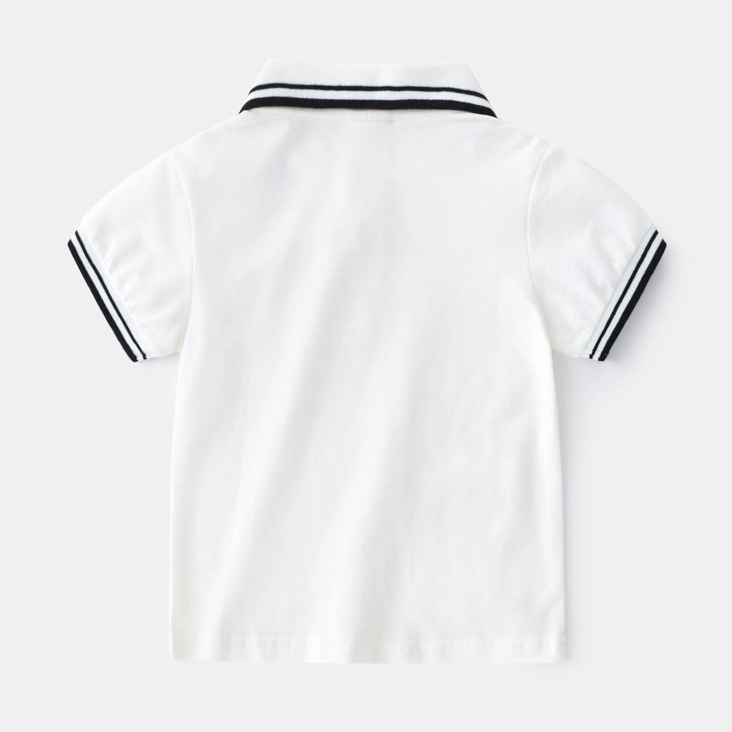 Boys' plain white cotton polo T-shirt with short sleeves and round neck on a hanger