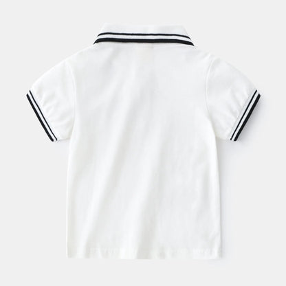 Boys' plain white cotton polo T-shirt with short sleeves and round neck on a hanger