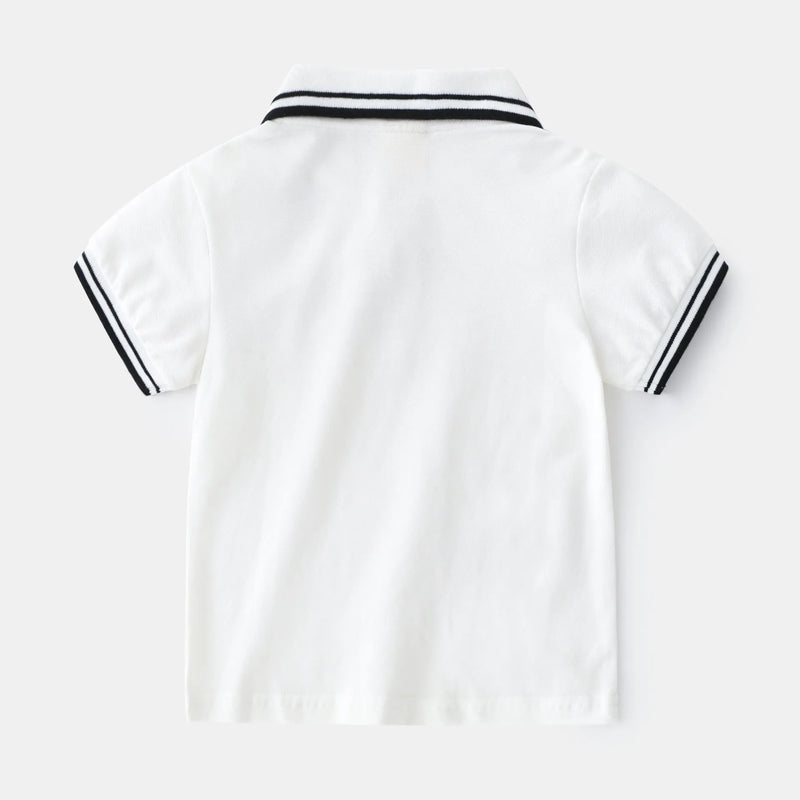 Boys' cotton polo T-shirt summer short sleeve round neck plain design moisture wicking children's casual top for ages 3 to 8 years in white or black sizes 90cm to 130cm