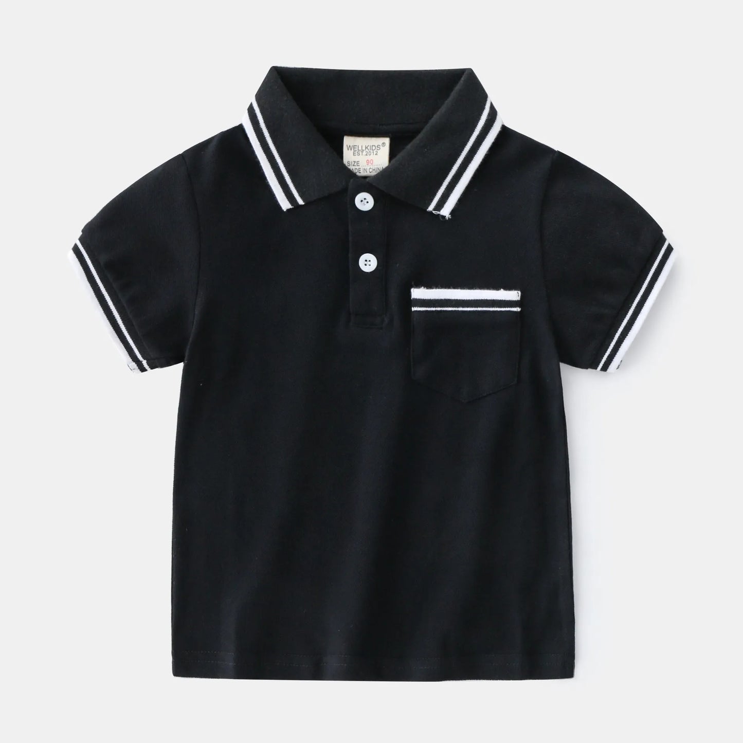 Boys' plain white cotton polo T-shirt with short sleeves and round neck on a hanger