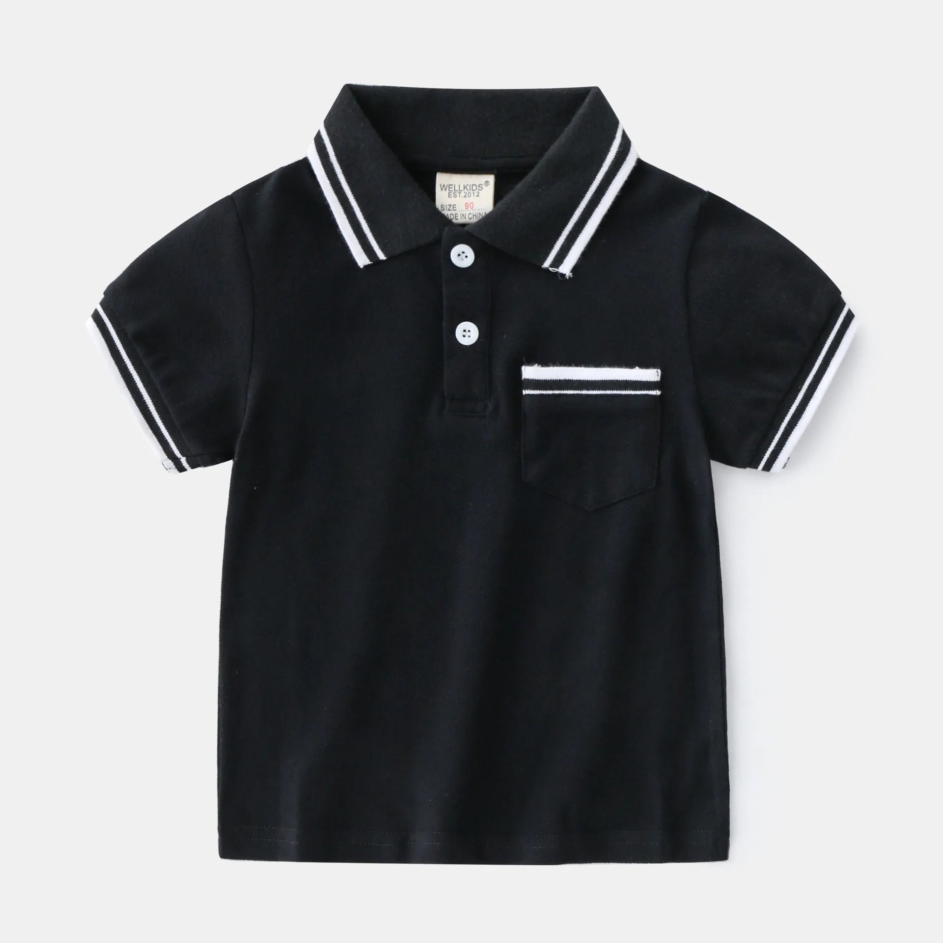 Boys' plain white cotton polo T-shirt with short sleeves and round neck on a hanger