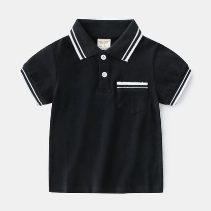 Boys' plain white cotton polo T-shirt with short sleeves and round neck on a hanger