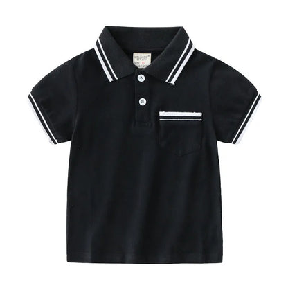 Boys' plain white cotton polo T-shirt with short sleeves and round neck on a hanger