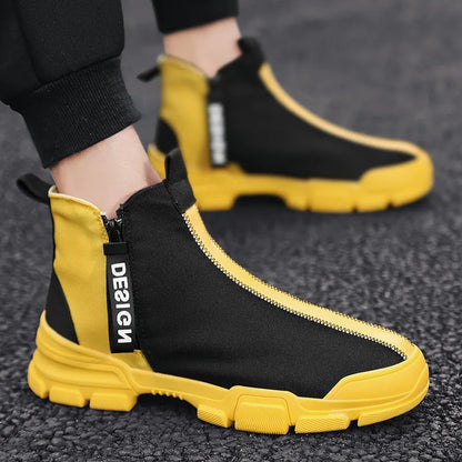 Men's high top microfiber sneakers with round toe and low heel, shown in black and yellow