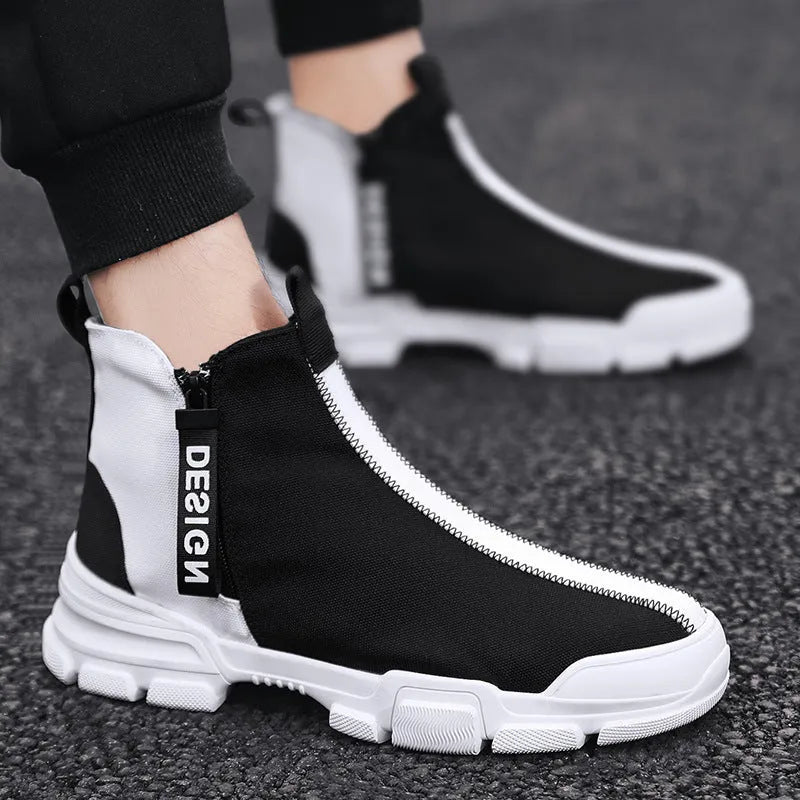 Men's high top microfiber sneakers with round toe and low heel, shown in black and yellow