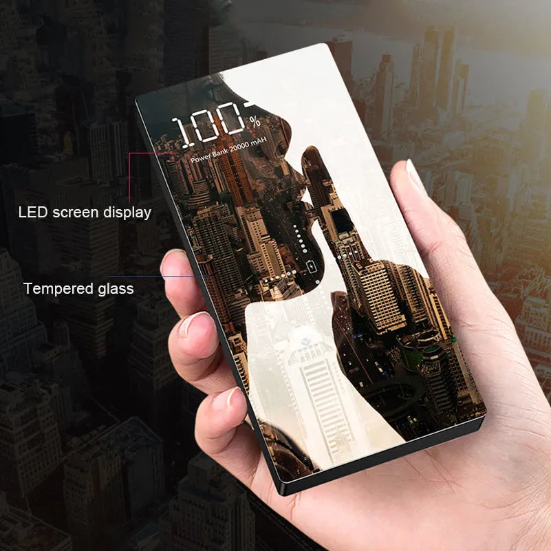 20000mAh mirror power bank with wireless charging, plastic and glass shell, black or white finish, 152mm x 73mm x 22mm