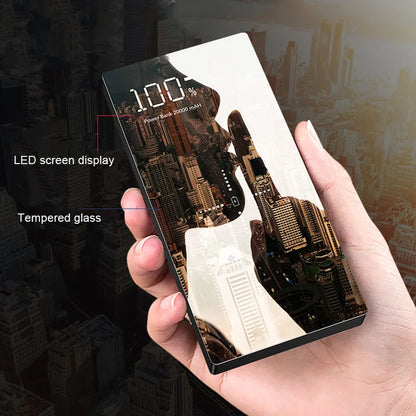 20000mAh mirror power bank with wireless charging, plastic and glass shell, black or white finish, 152mm x 73mm x 22mm