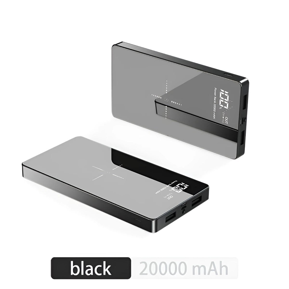 20000mAh mirror power bank with wireless charging, plastic and glass shell, black or white finish, 152mm x 73mm x 22mm