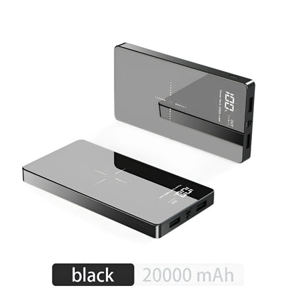20000mAh mirror power bank with wireless charging, plastic and glass shell, black or white finish, 152mm x 73mm x 22mm