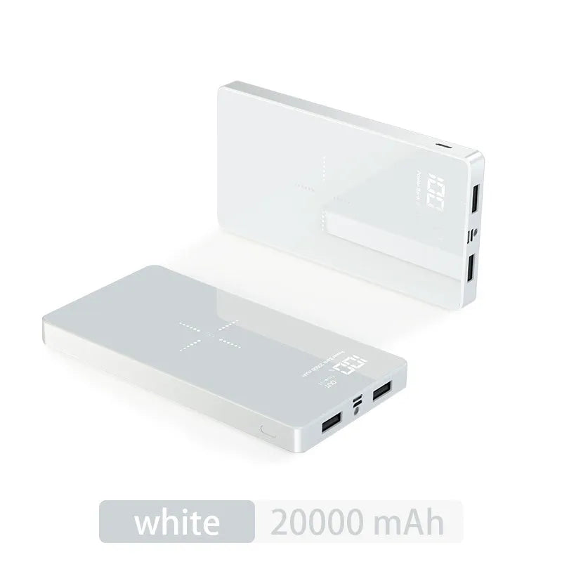 20000mAh mirror power bank with wireless charging, plastic and glass shell, black or white finish, 152mm x 73mm x 22mm