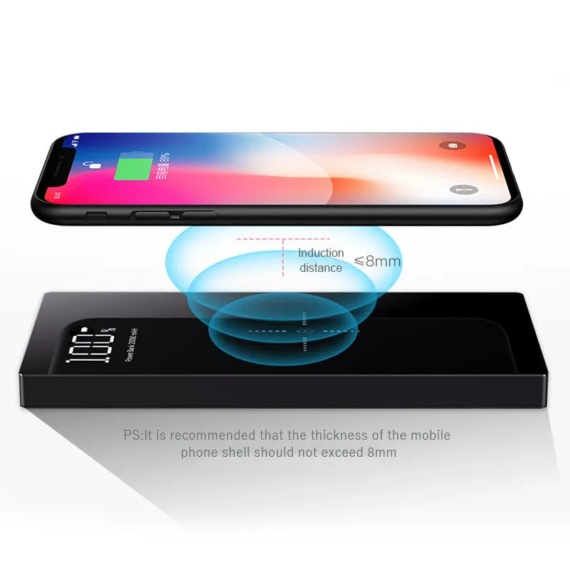 20000mAh mirror power bank with wireless charging, plastic and glass shell, black or white finish, 152mm x 73mm x 22mm
