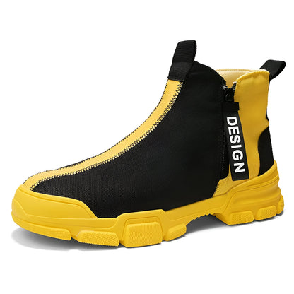 Men's high top microfiber sneakers with round toe and low heel, shown in black and yellow