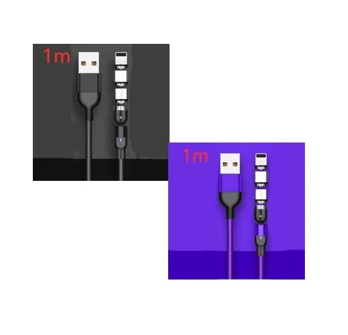 Magnetic data cable with rotating head, three-in-one connector, black purple red, 0.5m 1m 2m lengths