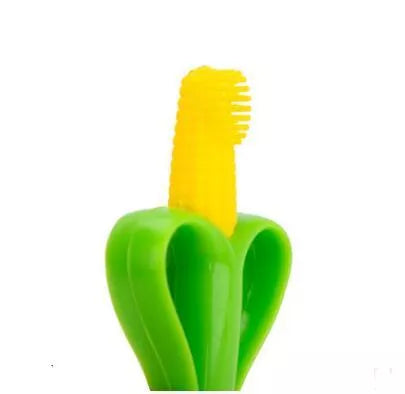Food grade silicone banana teether toy for babies in yellow, pink, and blue
