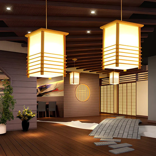 Wooden chandelier with adjustable height mechanism for tatami tea room illumination