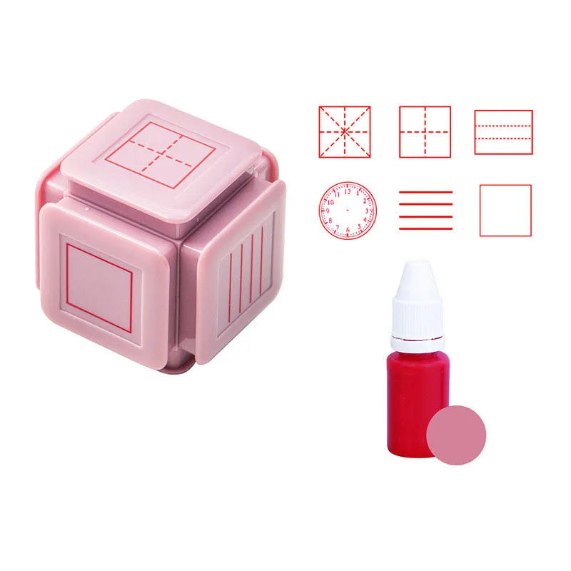 Six-sided Tianzi Grid educational stamp seal in pink and blue case options with quick-drying photosensitive ink
