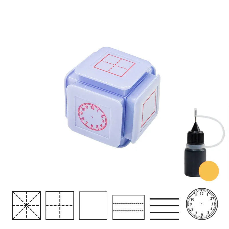 Six-sided Tianzi Grid educational stamp seal in pink and blue case options with quick-drying photosensitive ink