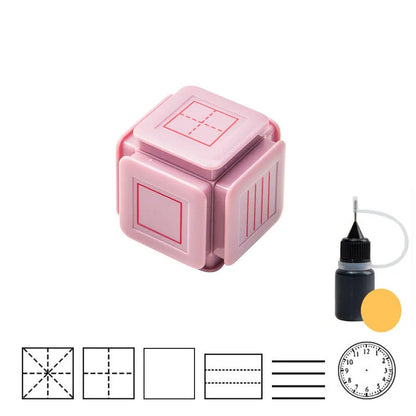 Six-sided Tianzi Grid educational stamp seal in pink and blue case options with quick-drying photosensitive ink