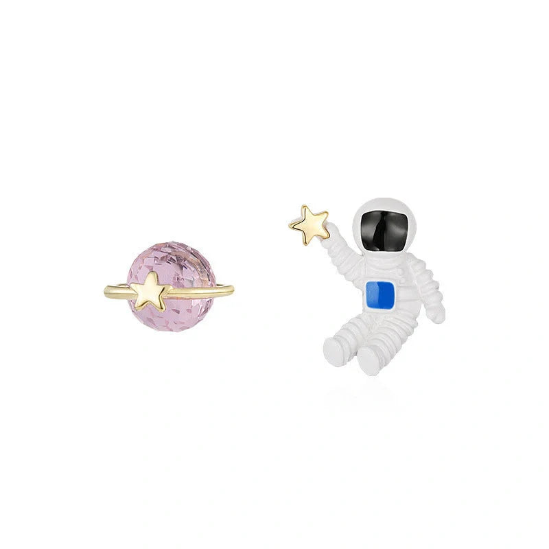 Creative Cute Planet Astronaut Earrings in silver for children, featuring detailed space motifs