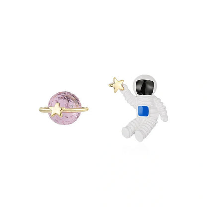 Creative Cute Planet Astronaut Earrings in silver for children, featuring detailed space motifs