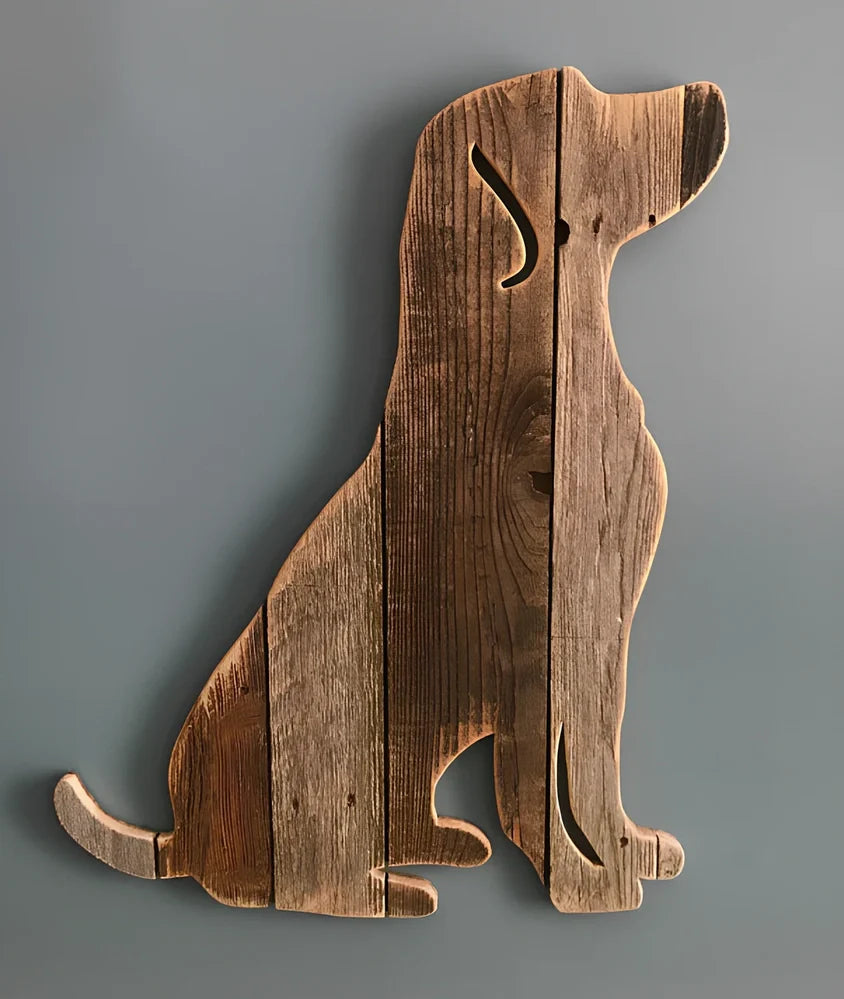 Handcrafted wooden dog breed decoration showing manual carving details on solid wood