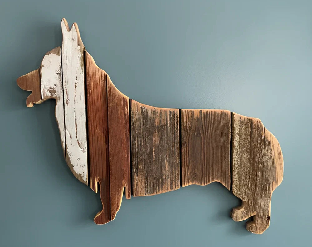 Handcrafted wooden dog breed decoration showing manual carving details on solid wood