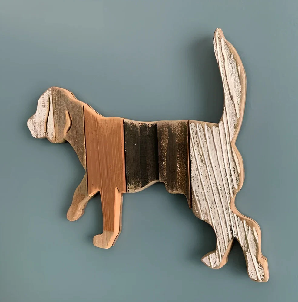 Handcrafted wooden dog breed decoration showing manual carving details on solid wood