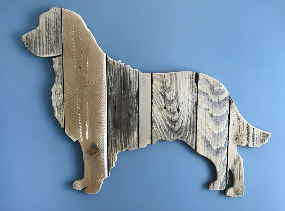 Handcrafted wooden dog breed decoration showing manual carving details on solid wood