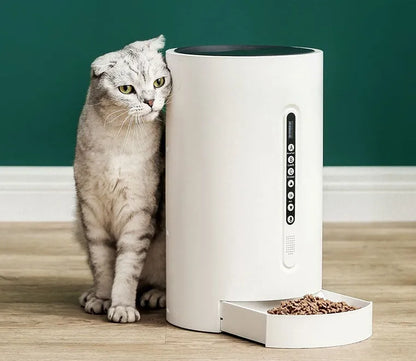 White smart pet feeder with timer display and 4.6L food hopper for cats and dogs