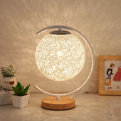 Moon and star design bedside lamp with rattan shade and dimming switch