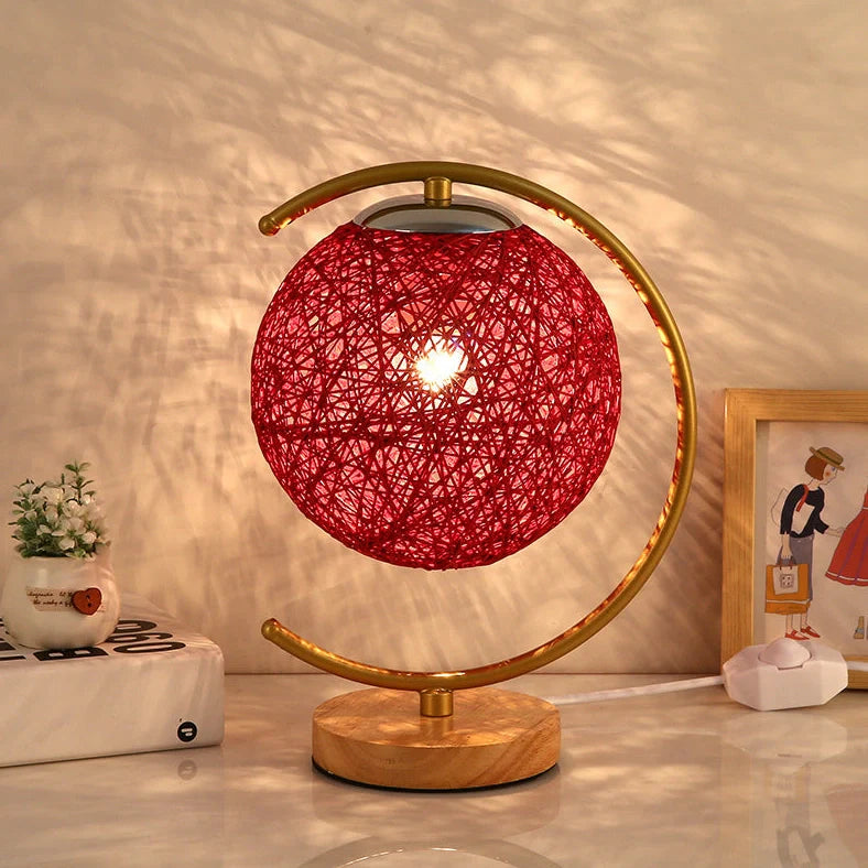 Moon and star design bedside lamp with rattan shade and dimming switch