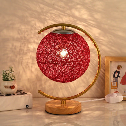 Moon and star design bedside lamp with rattan shade and dimming switch