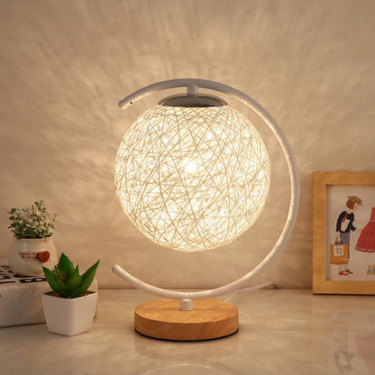 Moon and star design bedside lamp with rattan shade and dimming switch