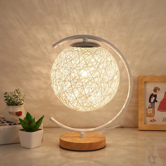 Moon and star design bedside lamp with rattan shade and dimming switch