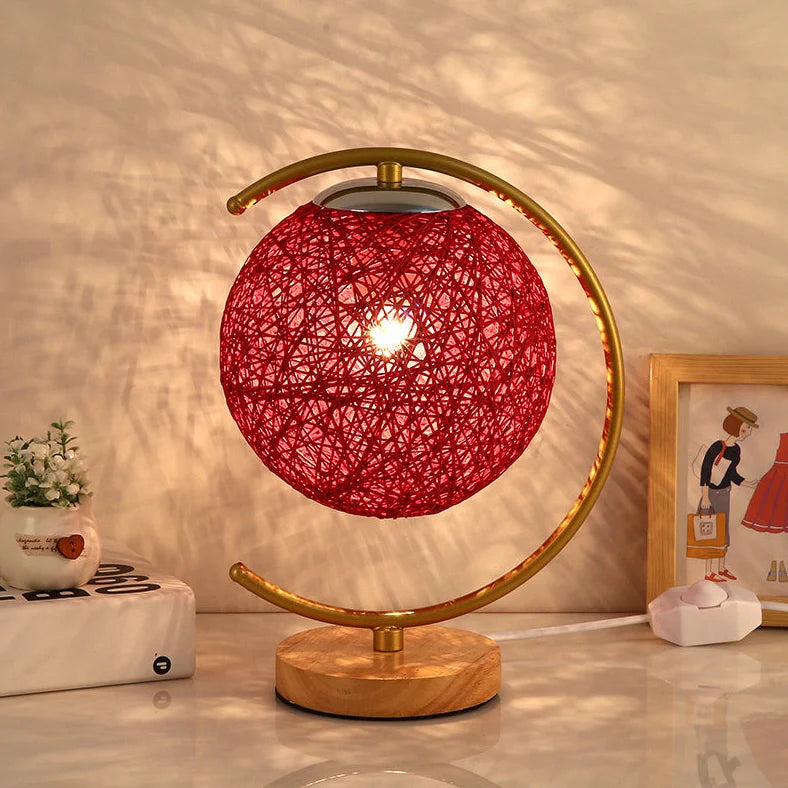 Moon and star design bedside lamp with rattan shade and dimming switch