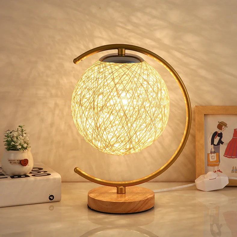 Moon and star design bedside lamp with rattan shade and dimming switch