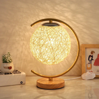 Moon and star design bedside lamp with rattan shade and dimming switch