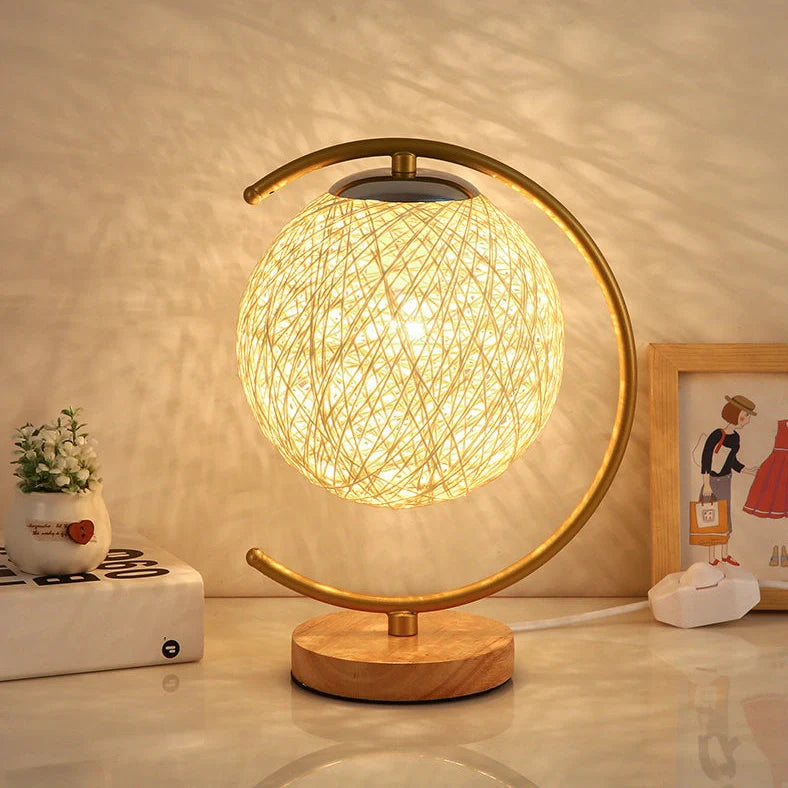 Moon and star design bedside lamp with rattan shade and dimming switch