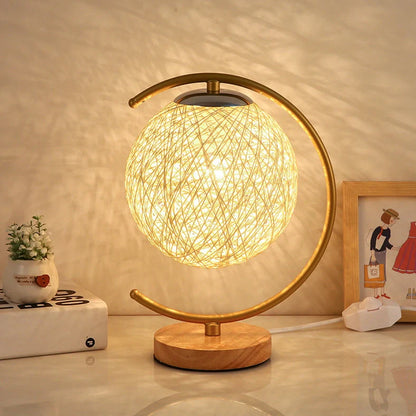 Moon and star design bedside lamp with rattan shade and dimming switch