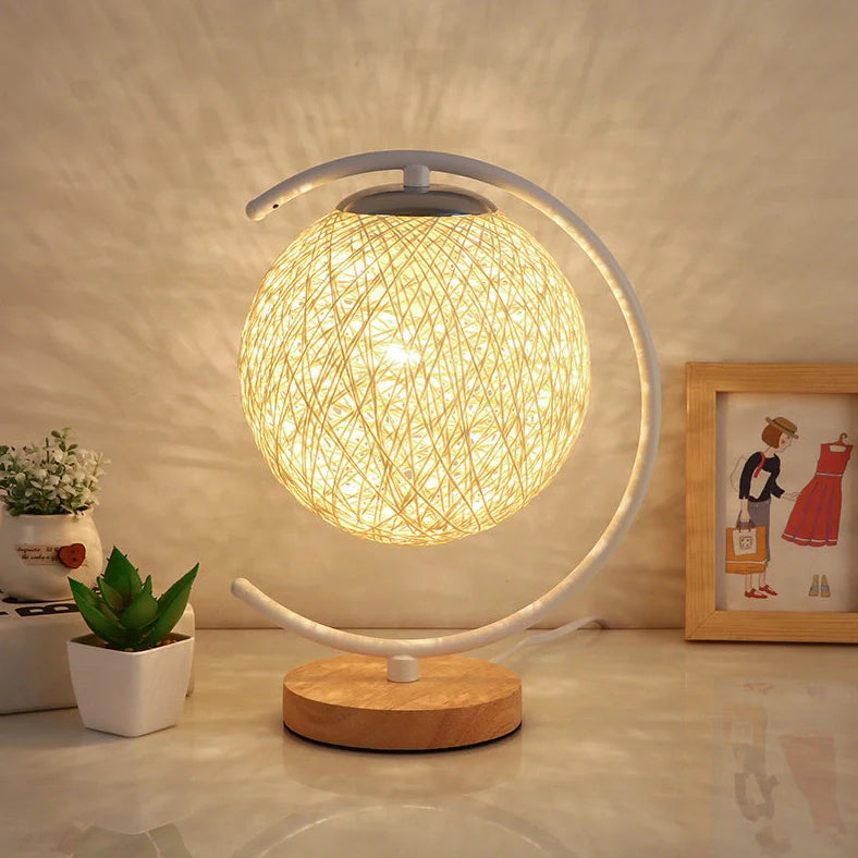 Moon and star design bedside lamp with rattan shade and dimming switch