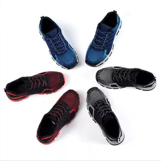 Steel toe safety shoes for men and women in blue, red, and grey