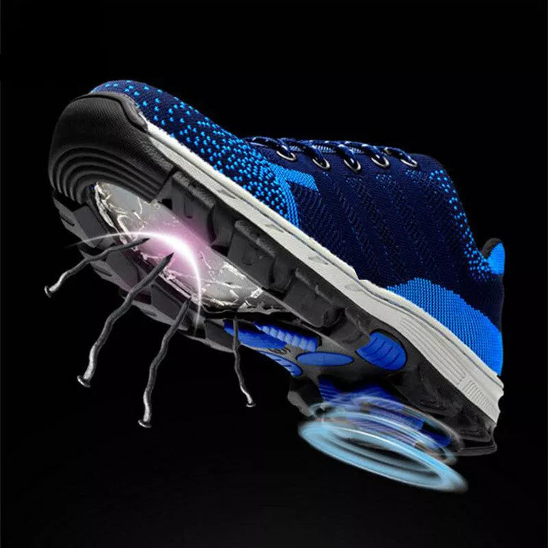 Steel toe safety shoes for men and women in blue, red, and grey