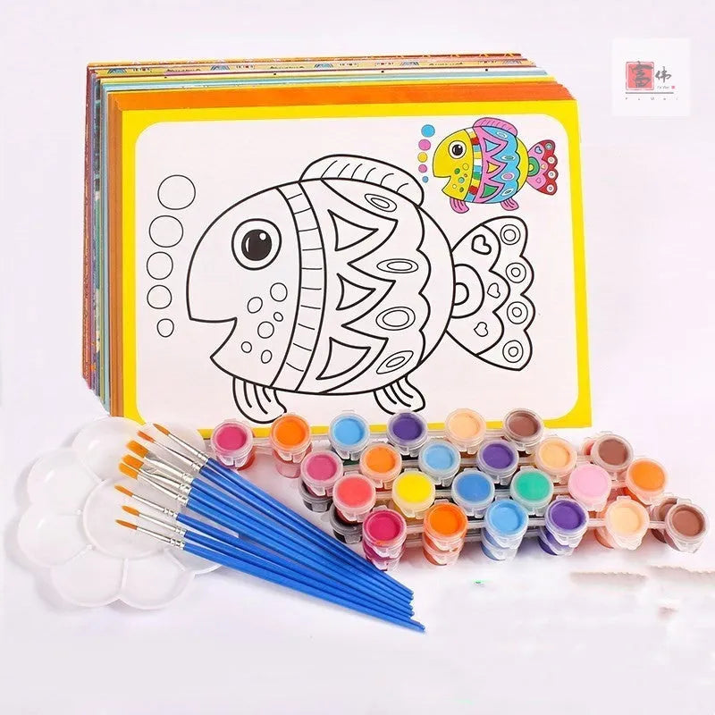 Children's gouache painting set with 50 pre-printed pictures, 8 pigment rows, brushes and palette
