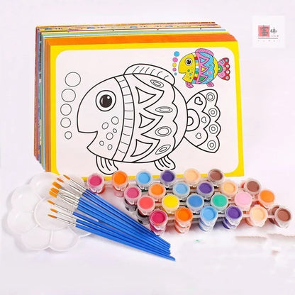 Children's gouache painting set with 50 pre-printed pictures, 8 pigment rows, brushes and palette