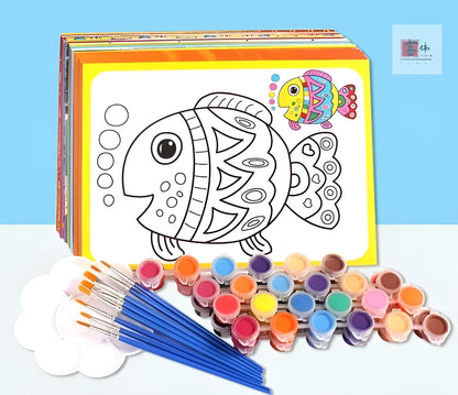 Children's gouache painting set with 50 pre-printed pictures, 8 pigment rows, brushes and palette