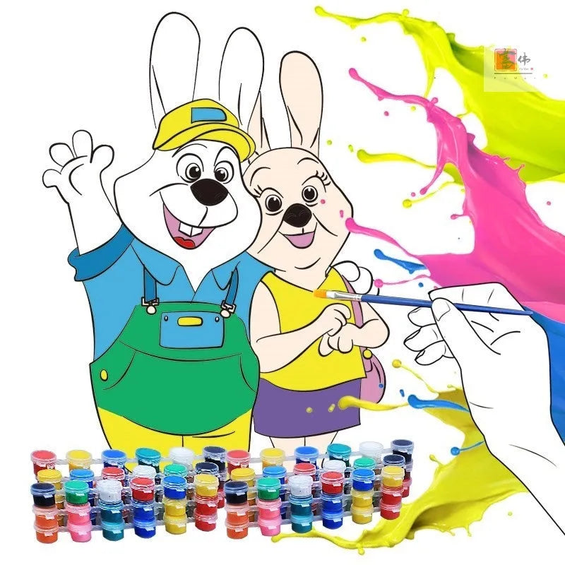Children's gouache painting set with 50 pre-printed pictures, 8 pigment rows, brushes and palette